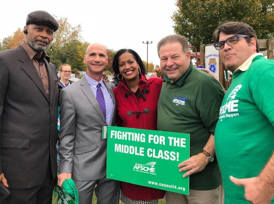 From left: Local 714 members Dwight Frederick, Bill Seedman, Congressperson-elect Jahana Hayes, Glenn Guerrera and Jay Bartolomei at pre-election rally at Council 4.
